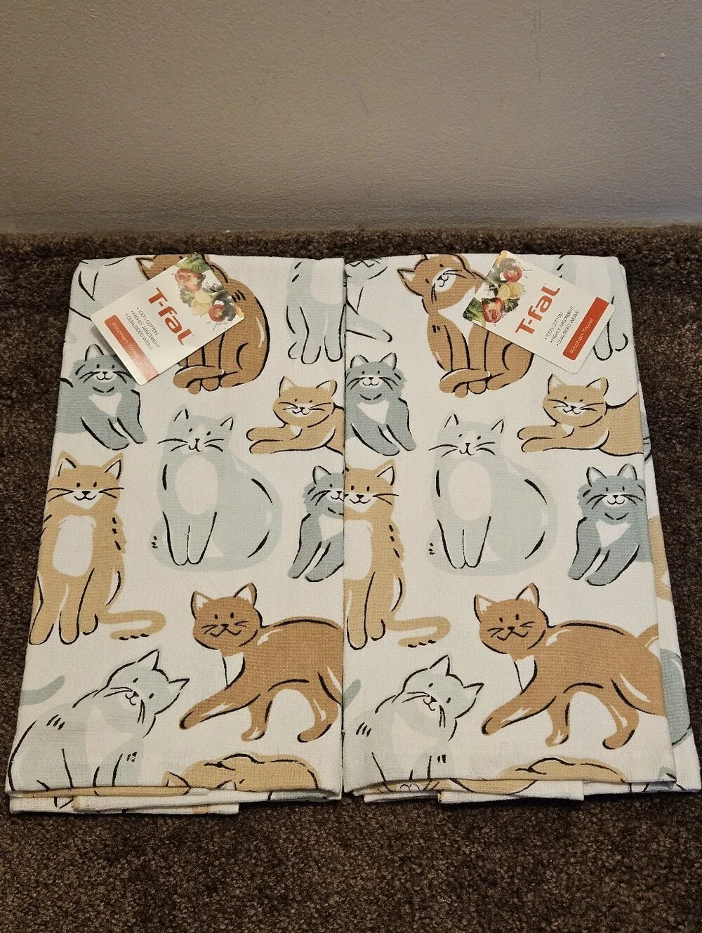 T-fal Dual Kt Doodle Cats Cat Kitchen Towel 100% Cotton (Lot of 2)